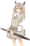  blouse bow brown_eyes brown_hair headdress inumimi kemonomimi long_hair long_sleeves nishieda ribbon skirt sword weapon 