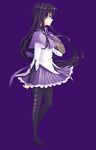  akemi_homura argyle argyle_legwear black_hair boots hairband highres long_hair magical_girl mahou_shoujo_madoka_magica mozukugumi pantyhose pleated_skirt profile purple_eyes skirt solo 