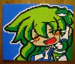  closed_eyes derivative_work detached_sleeves frog green_hair happy_tears highres kochiya_sanae lego open_mouth photo pixel_art snake solo tears touhou white_snake you_rei_(blowback) 