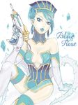  artist_request bare_shoulders blue_eyes blue_hair blue_rose_(tiger_&amp;_bunny) breasts character_name cleavage crystal_earrings earrings elbow_gloves fingernails gloves gun jewelry karina_lyle lipstick makeup medium_breasts short_hair sitting solo source_request tegaki thighhighs tiger_&amp;_bunny weapon 