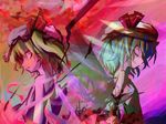  back-to-back blonde_hair closed_eyes crystal demon_wings evil_smile flandre_scarlet frills hat mob_cap multiple_girls neki-t red_eyes remilia_scarlet short_hair siblings silver_hair sisters smile touhou upper_body vampire wings 