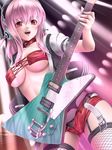  bad_id bad_pixiv_id breasts cleavage fishnets garter_straps headphones large_breasts long_hair mochi.f nitroplus open_mouth panties pink_hair red_eyes shorts smile solo super_sonico thighhighs underwear 