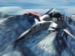  ace_combat ace_combat_zero adfx-02_morgan aircraft airplane aoi_hinata_(mukou_aoi) commentary fighter_jet flying highres jet larry_foulke military military_vehicle missile motion_blur mountain no_humans 