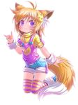  animal_ears bad_id bad_pixiv_id brown_hair fox_ears original purple_eyes renaoka short_hair shorts solo striped striped_legwear tail thighhighs 