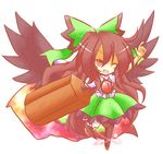  arm_cannon black_hair bow fangs long_hair one_eye_closed open_mouth reiuji_utsuho smile solo tilde_(ice_cube) touhou weapon wings 