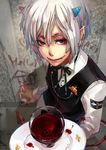  1boy axis04 blood collared_shirt demon demon_boy demon_tail eyeball fangs glass horns jack-o'-lantern jack-o'-lantern_(symbol) looking_at_viewer male male_focus monster_boy plate platter pointy_ears red_eyes shirt solo tail tray waistcoat white_hair white_shirt wine_glass wineglass 
