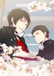  bad_id bad_pixiv_id black_hair brown_eyes brown_hair durarara!! flower grin kadota_kyouhei mouth_hold multiple_boys orihara_izaya smile tree_branch uniform xia_(ryugo) 