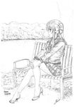  bench hair_ornament high_heels minamoto_chikaru miniskirt monochrome open_shoes outdoors park school_uniform shoes short_skirt sitting skirt strawberry_panic strawberry_panic! 