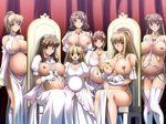  7girls areolae bare_shoulders belly_hold blonde blush breasts brooch brown_hair choker circlet clavicle cleavage dress gloves huge_breasts jewelry large_breasts long_hair midriff navel necklace nipples oppai pierced_nipples pregnant short_hair sitting smile tagme take_your_pick thighhighs tiara topless white_gloves white_thighhighs 