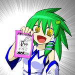  2ch ascii_art bad_id bad_pixiv_id crazy_eyes creature detached_sleeves emphasis_lines frog green_hair hair_ornament kochiya_sanae long_hair mujun-gatamari no_nose open_mouth photo_(object) snake solo star sudo_shinren touhou translated 