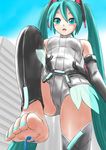  1girl aqua_eyes aqua_hair barefoot blue_hair blush feet giantess hatsune_miku hatsune_miku_(append) highres kaito long_hair manzi miniboy nail_polish scarf short_hair sweatdrop thighhighs toenail_polish toenails toes trample twintails very_long_hair vocaloid vocaloid_append 