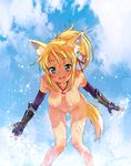  animal_ears blonde_hair breasts cloud day dog_days elbow_gloves fingerless_gloves fox_ears fox_tail gloves green_eyes hanging_breasts leaning_forward medium_breasts nipples nude open_mouth outdoors paint_splatter ponytail salmonpink sky smile solo splashing tail water yukikaze_panettone 