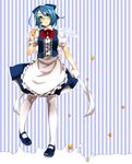  alternate_costume apron bad_id bad_pixiv_id blue_eyes blue_hair bow cirno enmaided gloves hair_bow maid mary_janes matoi_y pantyhose shoes single_glove solo spoon star striped striped_background touhou waist_apron white_legwear wrist_cuffs 