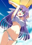  ball beachball bikini blush day ginga_nakajima green_eyes ibuki_pon long_hair lyrical_nanoha mahou_shoujo_lyrical_nanoha_strikers purple_hair side-tie_bikini solo swimsuit wet 