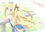  ahoge astarotte_ygvar blonde_hair blush bow demon_tail errant green_eyes hair_bow heart leaning long_hair looking_back lotte_no_omocha! panties smile solo tail twintails underwear 