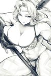  amazon_(dragon's_crown) breasts circlet cleavage dragon's_crown feathers greyscale hair_feathers halberd headband large_breasts legs long_hair monochrome muscle muscular_female panties polearm solo spread_legs thighs thong underwear weapon yurikawa 