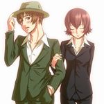  1girl arm_holding baccano! bad_id bad_pixiv_id blush brown_eyes brown_hair closed_eyes couple ennis fedora firo_prochainezo formal halftone halftone_background hand_in_pocket hand_on_headwear hat hetero izayan red_hair short_hair suit 