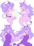  :&lt; ? anthro beverage bikini breasts chest_tuft claws cleavage clothed clothing cute_fangs domestic_cat dress felid feline felineko felis female fur hair irootie mammal offering_hand one_eye_closed op&eacute;ra_kranz open_mouth pink_fur price_tag purple_eyes purple_hair simple_background smile solatorobo solo sport swimsuit tuft video_games volleyball white_background 