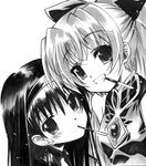  akemi_homura blush bow food greyscale grin hair_bow hairband long_hair mahou_shoujo_madoka_magica marker_(medium) monochrome mouth_hold multiple_girls pocky ponytail sakura_kyouko senomoto_hisashi smile traditional_media 