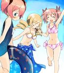  :d abe_kanari armpits barefoot bikini blonde_hair blue_eyes blue_sarong breasts charlotte_(madoka_magica) closed_eyes drill_hair food ice_cream ice_cream_cone innertube kaname_madoka mahou_shoujo_madoka_magica medium_breasts multiple_girls navel official_style one-piece_swimsuit open_mouth personification pink_hair print_sarong sarong school_swimsuit short_hair short_twintails small_breasts smile swimsuit tankini tomoe_mami twin_drills twintails white_bikini 