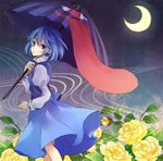  album_cover blue_hair cover crescent_moon flower heterochromia karakasa_obake leaf moon night oriental_umbrella purple_umbrella rose short_hair solo tatara_kogasa tongue touhou umbrella yellow_flower yellow_rose yuzuki_karu 