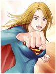  1girl alien blonde_hair blue_eyes cape clenched_hand dc_comics female kara_zor-el kryptonian long_hair long_sleeves nasutarou open_mouth red_cape s_shield skin_tight solo spandex supergirl superman_(series) 
