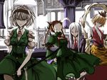  animal_ears belt blonde_hair bunny_ears cat_ears dress extra_ears green_dress green_eyes hair_ornament hairband kaenbyou_rin katana konpaku_youmu mafei multicolored_hair multiple_girls necktie pale_skin red_eyes red_hair reisen_udongein_inaba scabbard sheath short_hair stage_connection sword toramaru_shou touhou two-tone_hair weapon white_hair 