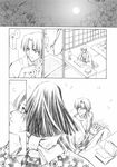  1girl carnelian cherry_blossoms comic copyright_request doujinshi greyscale highres japanese_clothes kimono monochrome moonlight translated 