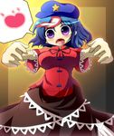  blue_hair blush breasts fangs foreshortening geo_(yukishitadou) hat heart large_breasts looking_at_viewer miyako_yoshika no_nose ofuda open_mouth outstretched_arms purple_eyes short_hair skirt solo star touhou wide-eyed zombie_pose 
