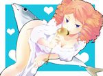  :q apron ass blonde_hair blue_eyes blush breasts cleavage drill_hair fish gaap hand_on_thigh heart ladle leaning_forward medium_breasts naked_apron nori_senbei smile solo tongue tongue_out twintails umineko_no_naku_koro_ni 