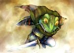  fantasy frog kaeru_(chrono_trigger) kara_(color) no_humans personification shield sword weapon yellow_eyes 