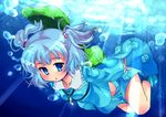  backpack bag blue_eyes blue_hair blush boots bubble hair_bobbles hair_ornament hat hat_removed headwear_removed kajio_(maburo) kawashiro_nitori key md5_mismatch midriff open_mouth short_hair skirt solo touhou two_side_up underwater water 