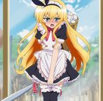  aluminium_baseball_bat baseballs black_hair_ribbon blush green_eyes isurugi_mio long_blonde_hair maid_uniform tsundere zettai_ryouiki 