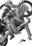  boots cartridge copyright_request gloves goggles greyscale ground_vehicle gun handgun hat highres mauser_c96 monochrome motor_vehicle motorcycle revolver short_hair solo weapon yorimitsu 