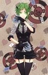  black_legwear breasts card facepaint garter_straps gloves green_eyes green_hair gumi horns medium_breasts mozukugumi necktie poker_face_(vocaloid) short_hair shorts solo thigh_gap thighhighs vest vocaloid 