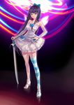  absurdres black_hair blue_eyes hand_on_hip highres long_hair multicolored_hair panty_&amp;_stocking_with_garterbelt purple_hair single_thighhigh solo stocking_(psg) striped striped_legwear sword thighhighs two-tone_hair weapon wings xiamianliele 