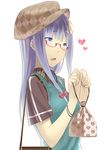  bad_id bad_pixiv_id bespectacled contemporary crescent crescent_hair_ornament face glasses hair_ornament hat heart highres ixi long_hair patchouli_knowledge pouch purple_eyes purple_hair solo touhou 