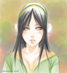  avatar:_the_last_airbender avatar_(series) black_hair blind blue_eyes blush_stickers collarbone earmuffs eyelashes hairband lips long_hair nermallion portrait solo toph_bei_fong v-neck 