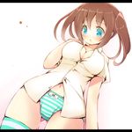  :o blue_eyes blush bow bow_panties breasts brown_hair chiri_(atlanta) cleavage highres large_breasts letterboxed navel no_bra no_pants original panties short_hair short_twintails simple_background skindentation solo striped striped_legwear striped_panties thighhighs twintails underwear 