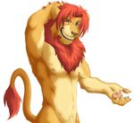  armpits claws clenched_teeth feline grin hair lion looking_at_viewer male mammal mane muscles nipples nude orange_hair pawpads plain_background pubes red red_hair simba smile sole solo teeth white_background 