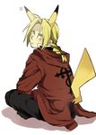  animal_ears blonde_hair blush cosplay crossover edward_elric full_body fullmetal_alchemist male male_focus personification pikachu pikachu_(cosplay) pokemon solo tail white_background 