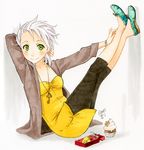  bracelet cupcake emily_(meago) face food green_eyes jewelry key leggings looking_at_viewer meago necklace original pocky signature slippers smile solo traditional_media white_hair 