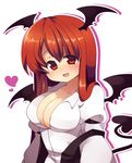  :d bad_id bad_pixiv_id bat_wings blush breasts cleavage demon_tail dress_shirt fang head_wings heart impossible_clothes impossible_shirt koakuma long_hair matatabi_maru medium_breasts no_bra open_mouth red_eyes red_hair shirt shirt_slip smile solo tail touhou unbuttoned upper_body vest wings 