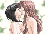  2girls bare_shoulders black_hair blush breasts brown_hair censored convenient_censoring eyes_closed female hair_over_breasts hand_on_another's_face hand_on_face kiss kissing long_hair love multiple_girls nipples nude short_hair topless very_long_hair yuri 