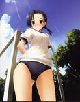  black_hair blush buruma game_cg gym_uniform hashimoto_takashi highres kuranaga_kozue short_twintails solo twintails yosuga_no_sora 