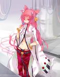  animal_ears bell belt black_panties blazblue bracelet candy cat_ears cat_tail coat colored_eyelashes food groin hand_on_hip highres jewelry kokonoe lollipop long_hair midriff multiple_tails navel night-moon orange_eyes panties pants pink_hair red_pants solo tail tongue underwear 