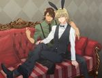  animal_ears barnaby_brooks_jr blonde_hair bow bowtie brown_eyes brown_hair bunny_ears cabbie_hat cape couch facial_hair formal glasses green_eyes hat kaburagi_t_kotetsu male_focus multiple_boys necktie okojo_(qqww) sitting smile stubble tiger_&amp;_bunny tiger_ears vest waistcoat 