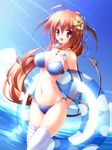  asymmetrical_clothes bat_wings bikini breasts brown_hair demon_tail flower hair_flower hair_ornament head_wings hibiscus highres innertube koakuma large_breasts long_hair midoriiro_no_shinzou open_mouth red_eyes red_hair side-tie_bikini solo swimsuit tail thighhighs touhou water wings 