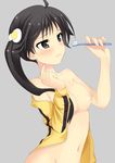  ahoge araragi_karen bad_id bad_pixiv_id bakemonogatari black_eyes black_hair blush breasts ichinose_yuu jacket medium_breasts monogatari_(series) navel nipples open_clothes open_jacket side_ponytail simple_background solo toothbrush toothpaste wavy_mouth 