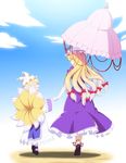  blonde_hair blue_sky blush bow closed_eyes cloud day dress fox_tail from_behind h-new hair_bow hat highres holding_hands multiple_girls multiple_tails open_mouth parasol purple_dress red_eyes sky smile tail touhou umbrella walking white_dress yakumo_ran yakumo_yukari younger 